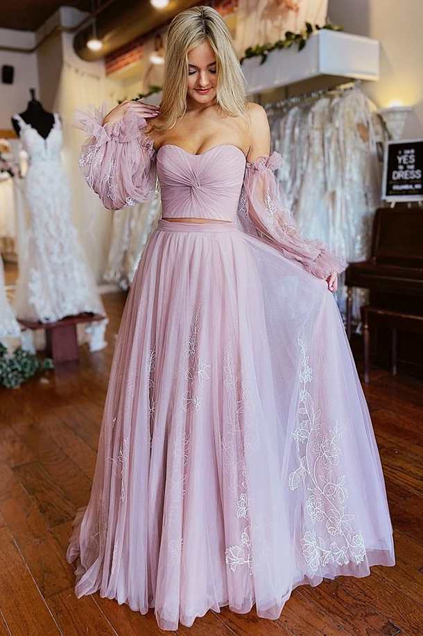 Two-Piece Dusty Pink Strapless A-Line Prom Dress with Sleeves - Prom Dress - DYAVOR®