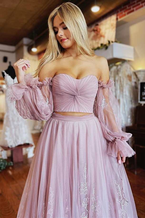 Two-Piece Dusty Pink Strapless A-Line Prom Dress with Sleeves - Prom Dress - DYAVOR®