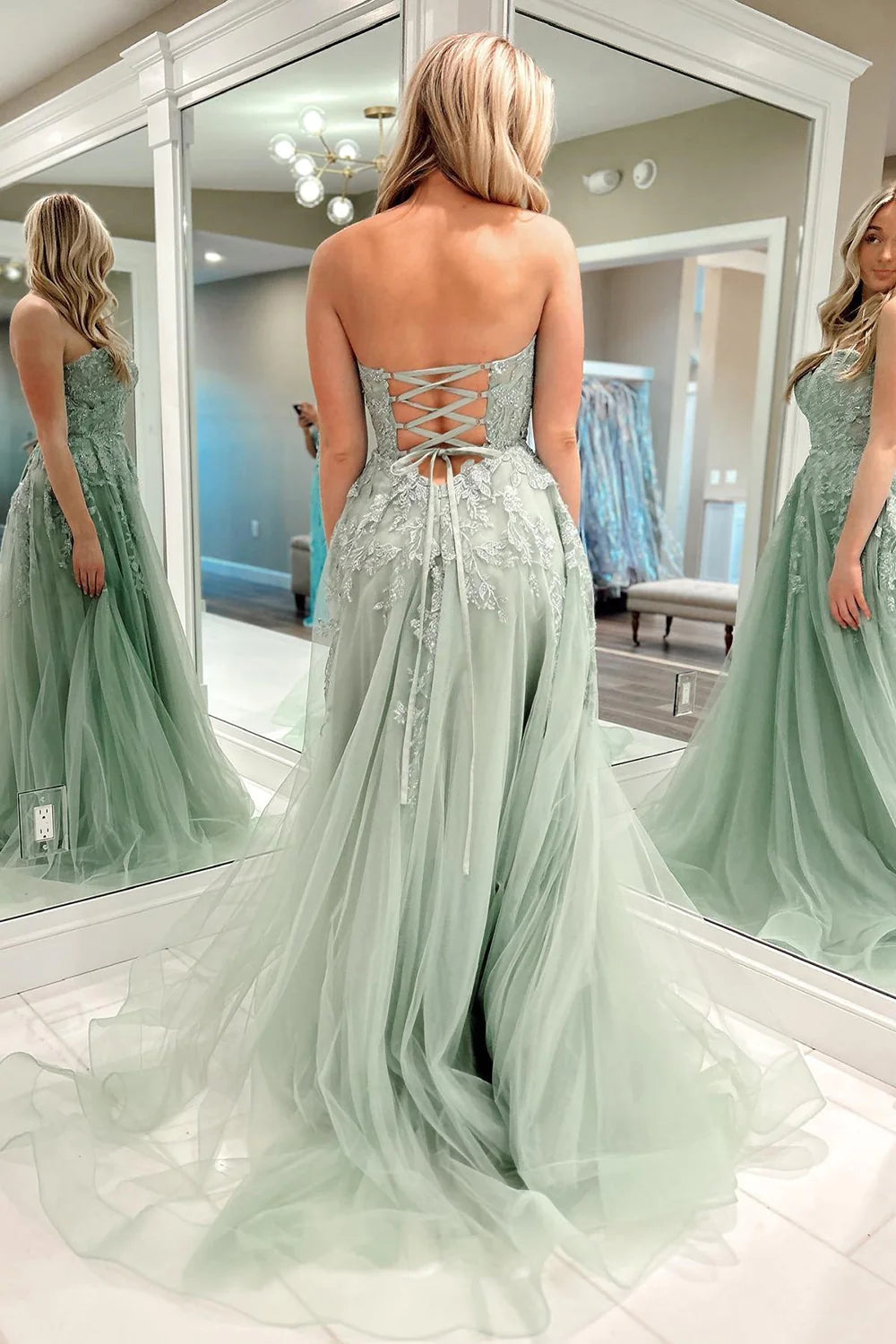 Beulah | A-Line Sweetheart Sage Green Tulle Lace Long Prom Dresses - Prom Dress - DYAVOR®