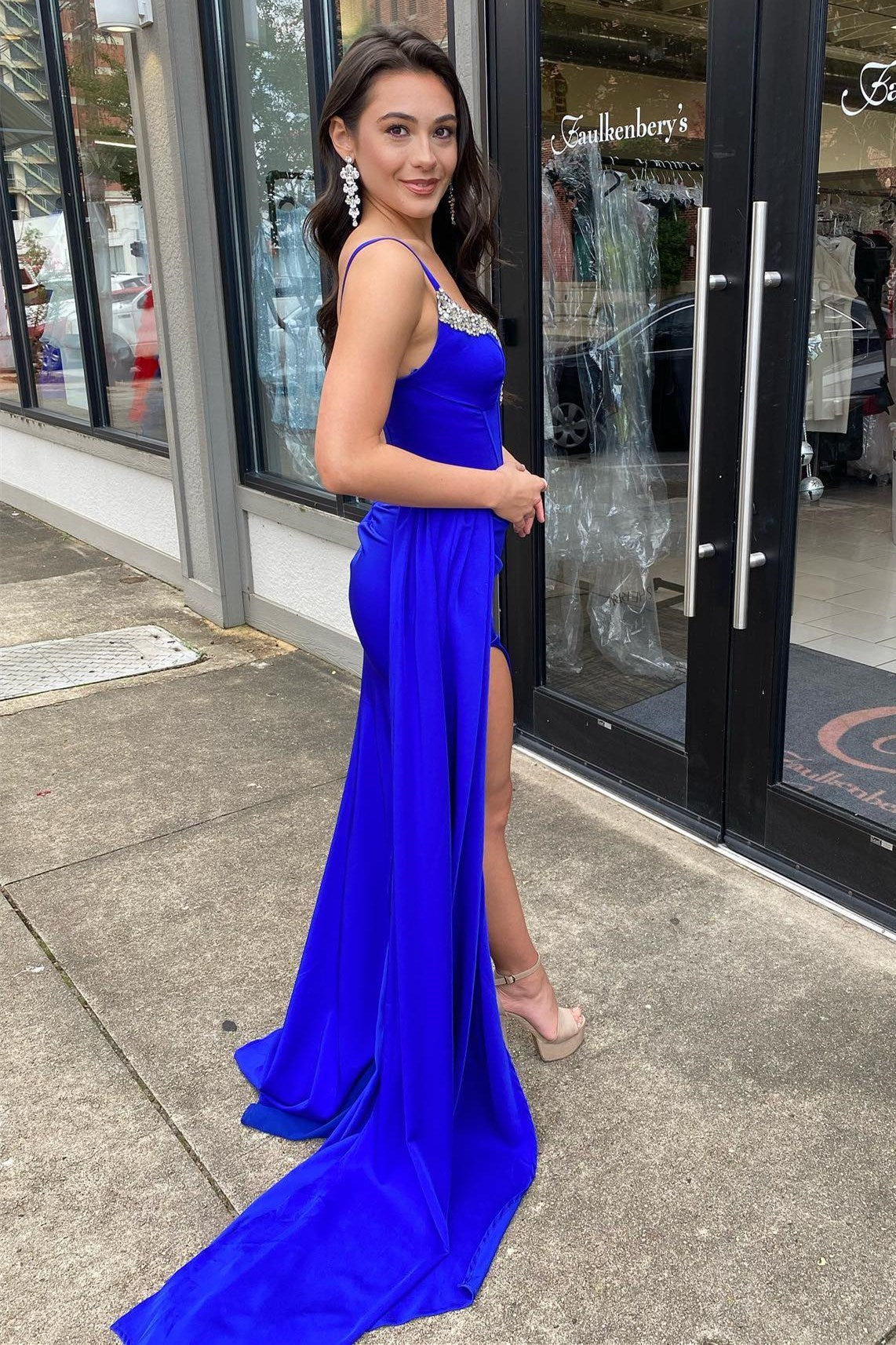 Red Beaded Queen Anne Neck Straps Long Formal Gown with Attached Train - Prom Dress - DYAVOR®