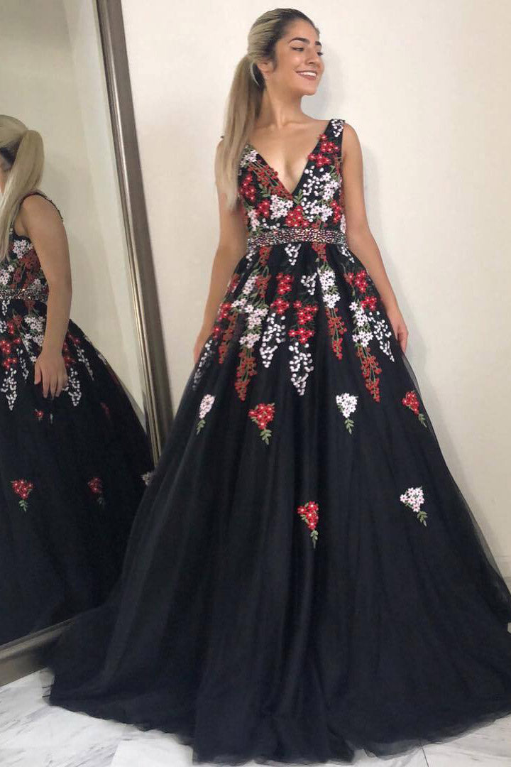 Susie | Princess A-line Black Long Prom Dress with Embroidery - Prom Dress - DYAVOR®