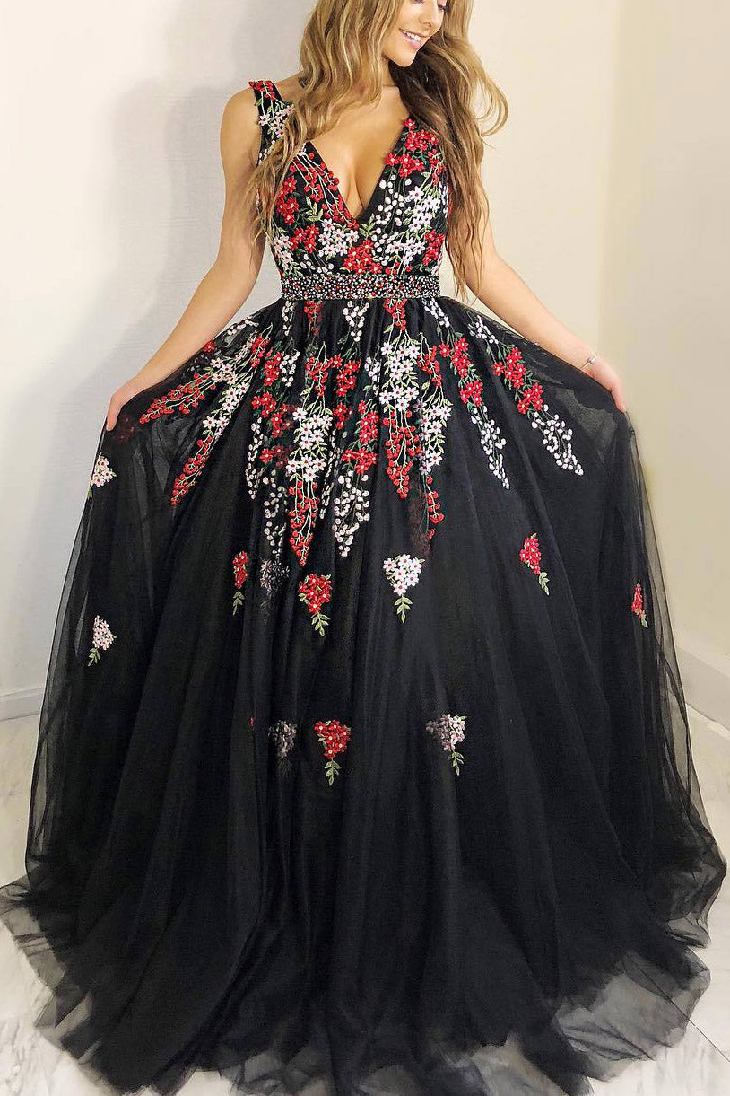 Susie | Princess A-line Black Long Prom Dress with Embroidery - Prom Dress - DYAVOR®