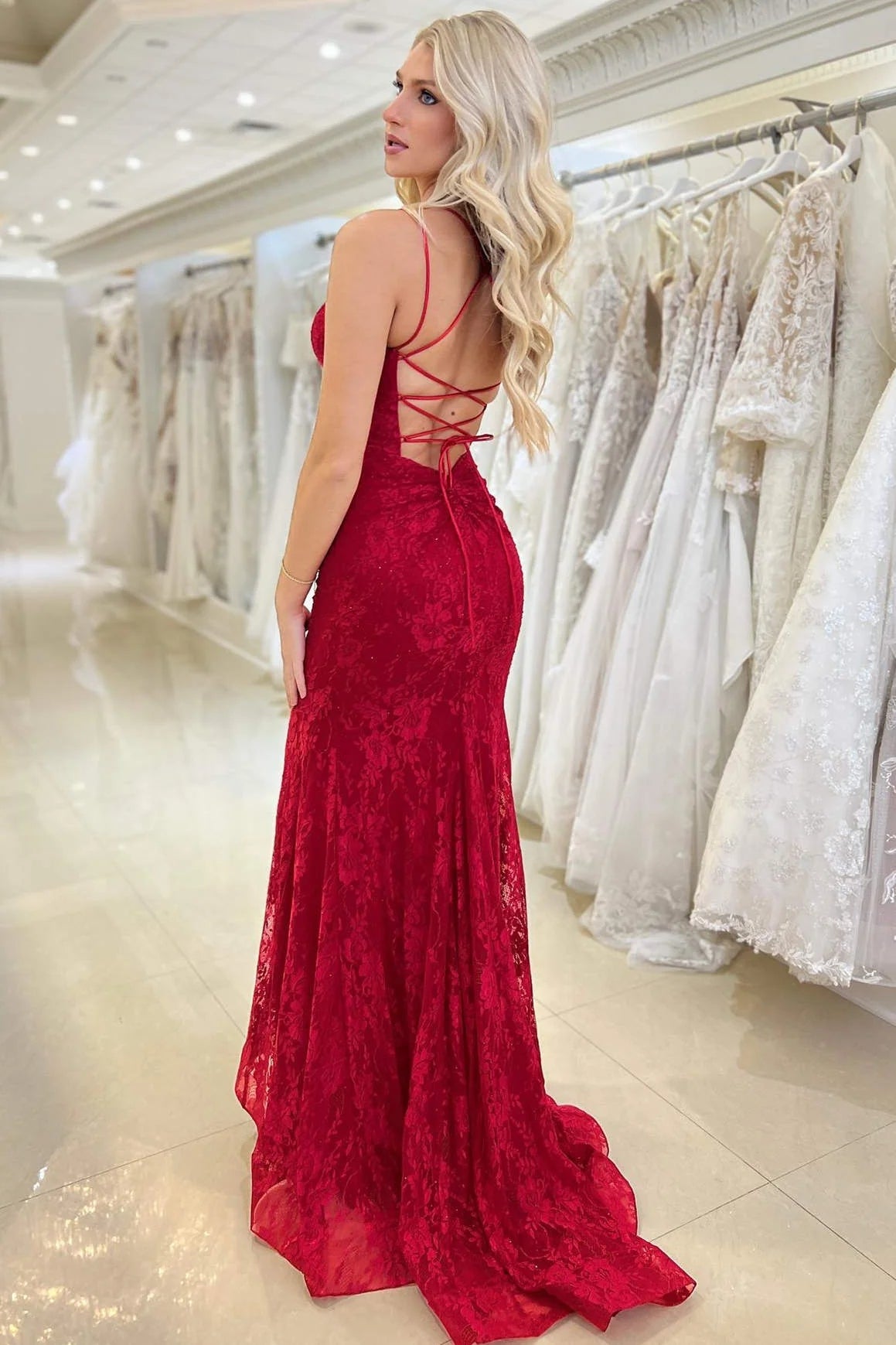 Elsa| Red Lace V Neck Mermaid Prom Dress - Prom Dress - DYAVOR®
