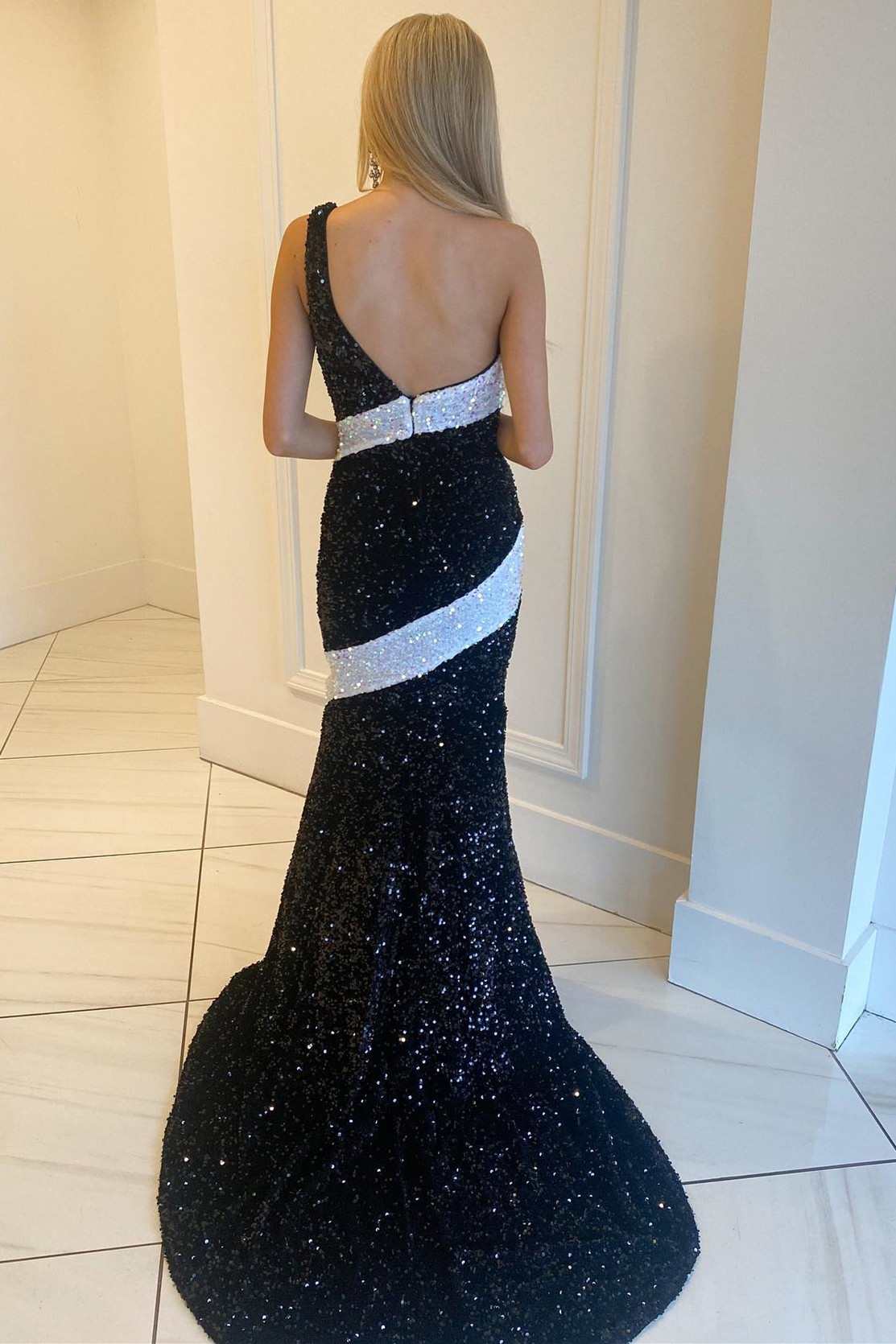 Black and White Sequin One-Shoulder Mermaid Long Prom Gowm - Prom Dress - DYAVOR®