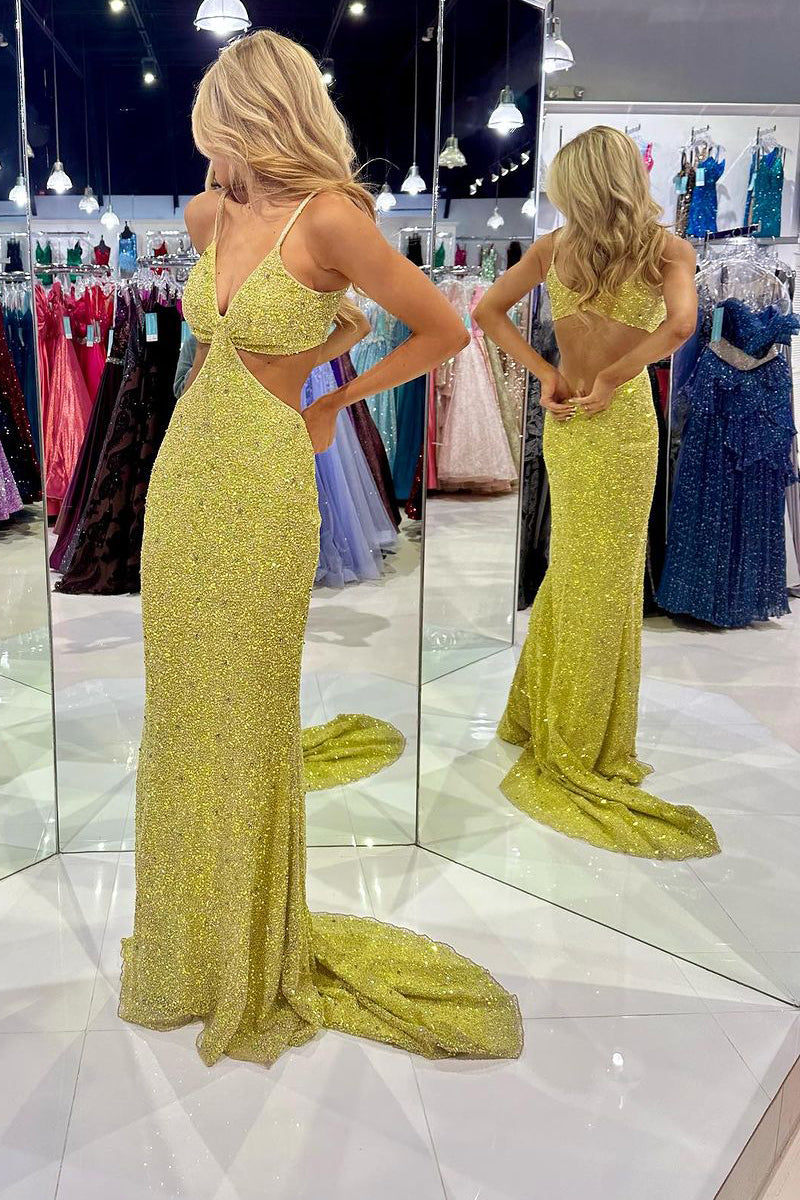 Terri | Mustard Green Sequins Deep V Neck Cutout Long Prom Dresses - Prom Dress - DYAVOR®