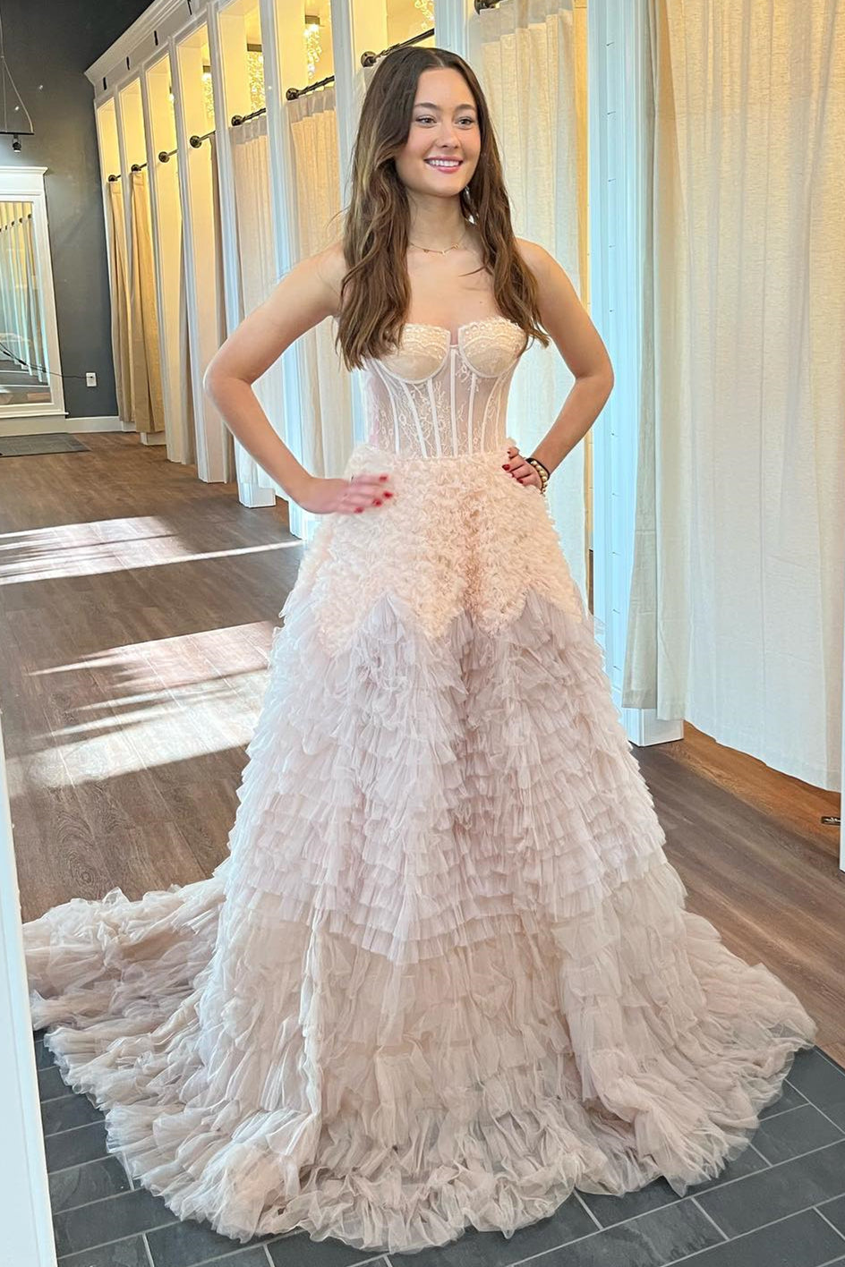 Emberlynn | Ivory Tulle Ruffle Layers Boning A-Line Long Prom Dress - Prom Dress - DYAVOR®