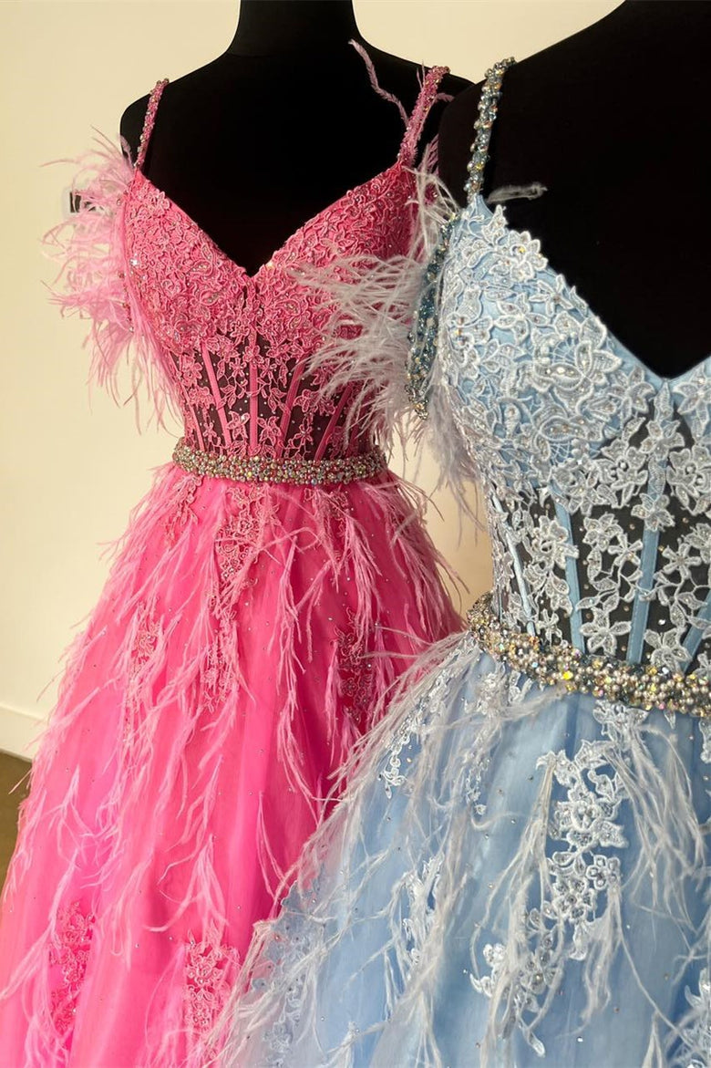 Amalia |A line V Neck Lace Tulle Prom Dress with Beading and Feather - Prom Dress - DYAVOR®