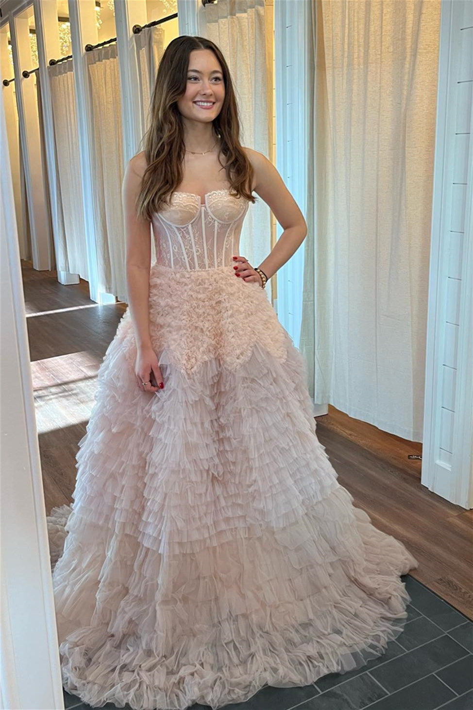 Emberlynn | Ivory Tulle Ruffle Layers Boning A-Line Long Prom Dress - Prom Dress - DYAVOR®