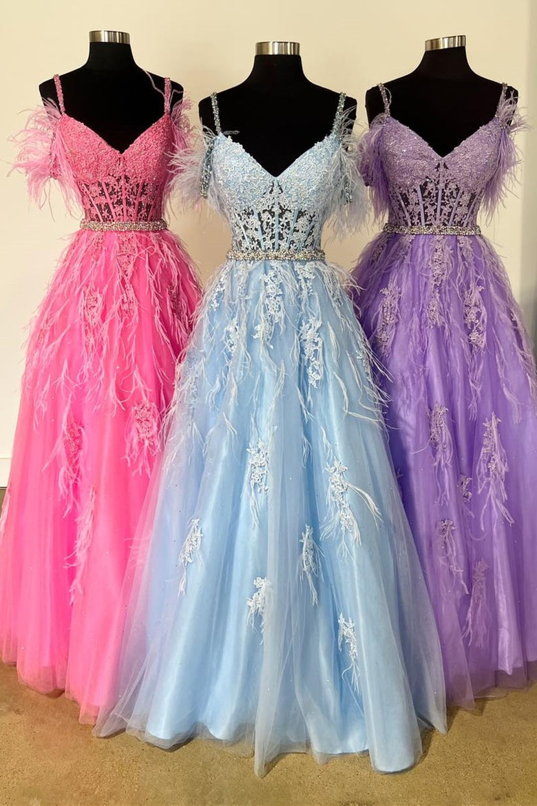 Amalia |A line V Neck Lace Tulle Prom Dress with Beading and Feather - Prom Dress - DYAVOR®