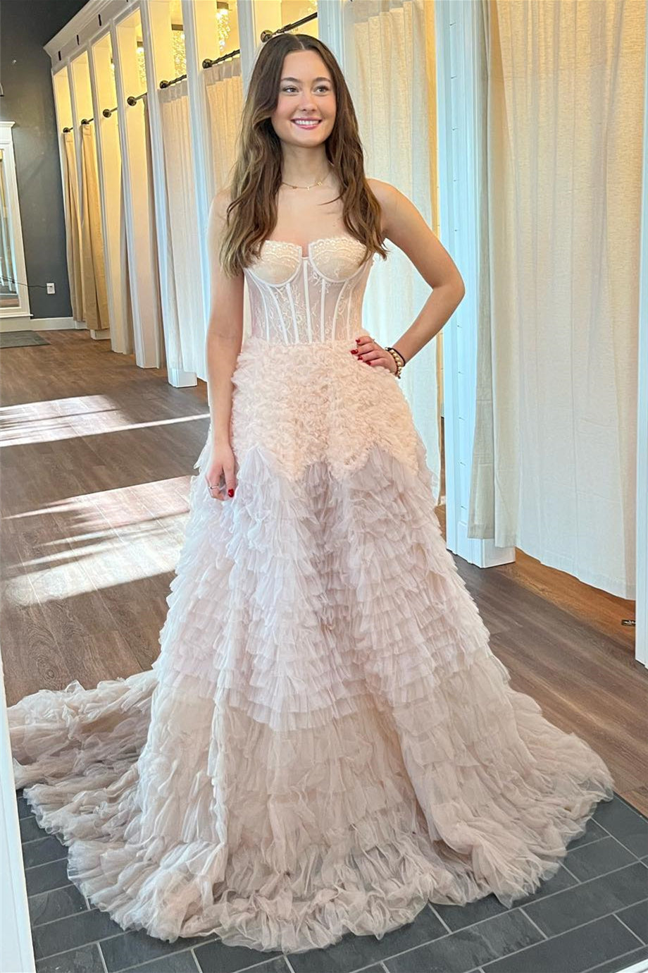 Emberlynn | Ivory Tulle Ruffle Layers Boning A-Line Long Prom Dress - Prom Dress - DYAVOR®
