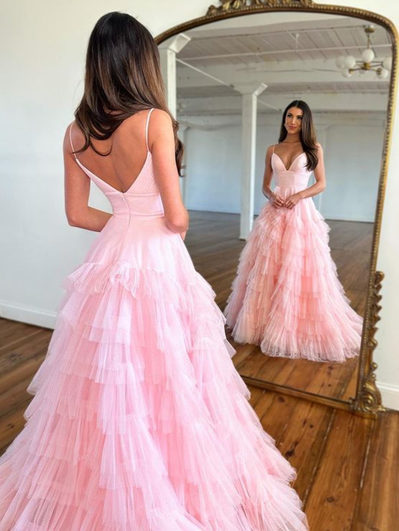 Alianna | Light Pink A-Line Tiered Spaghetti Straps Tulle Prom Dress - Prom Dress - DYAVOR®
