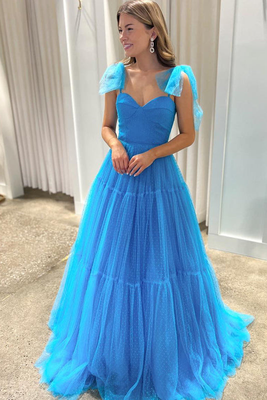 Stacey | Blue Sweetheart Tie Straps Tulle A-Line Long Prom Dress - Prom Dress - DYAVOR®