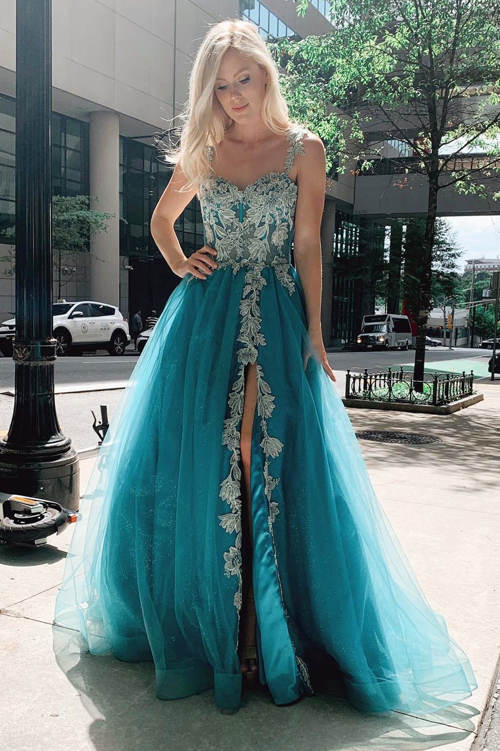 Turquoise Tulle Floral Appliques Sweetheart A-Line Prom Gwon - Prom Dress - DYAVOR®