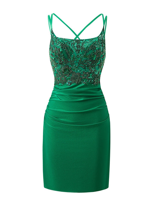 Avery Royal Blue | Sheath Short Spaghetti Strap Jersey Homecoming Dress - Cocktail Dress - DYAVOR®