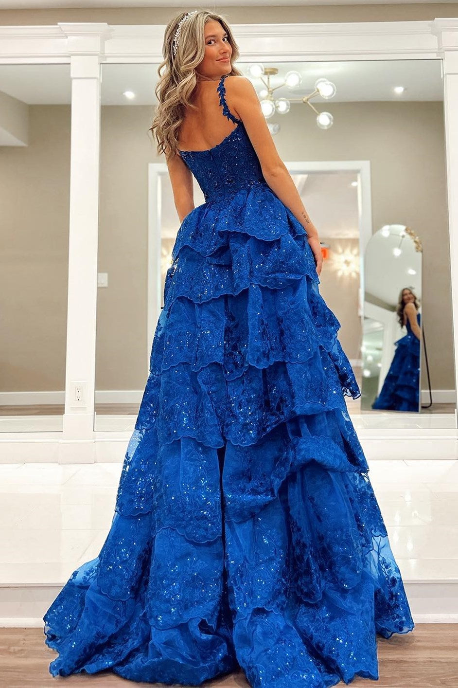 Maisy| Blue Tulle Sequin Sweetheart Ruffle Tiered Long Gown - Prom Dress - DYAVOR®