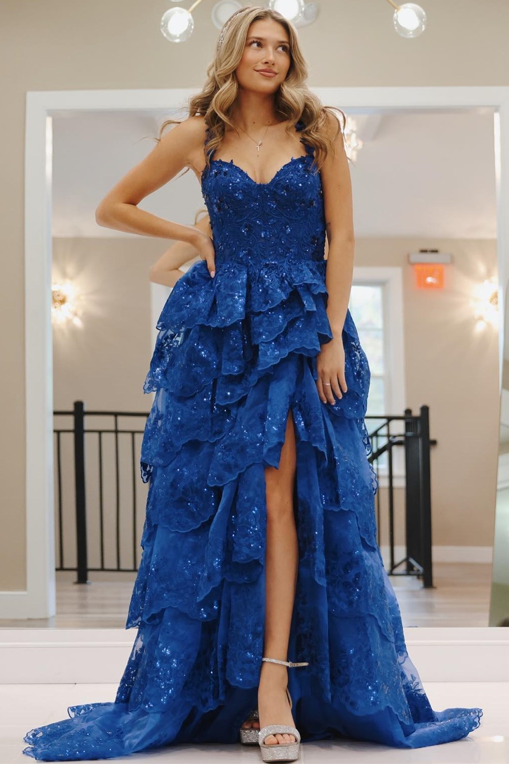 Maisy| Blue Tulle Sequin Sweetheart Ruffle Tiered Long Gown - Prom Dress - DYAVOR®