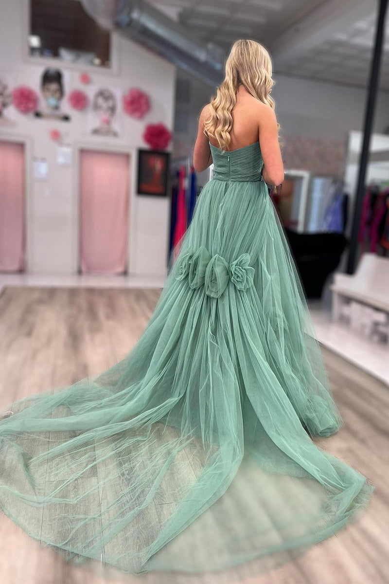 Green Strapless A-Line Tulle Long Prom Dresses - Prom Dress - DYAVOR®