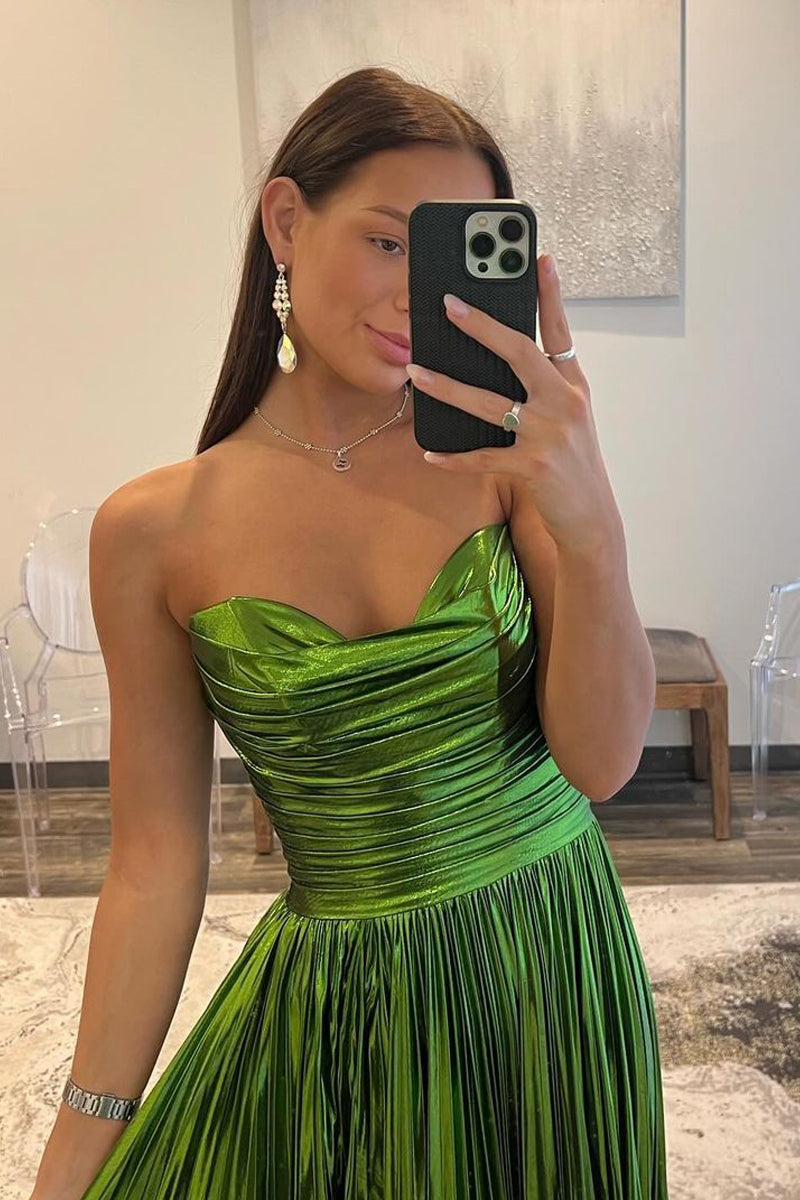 Oakley | Green Metallic Strapless Pleated A-Line Long Prom Dresses - Prom Dress - DYAVOR®