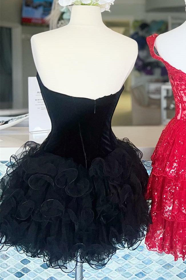 Kennedi | Black Velvet Strapless Ruffles Short Homecoming Dress - Prom Dress - DYAVOR®