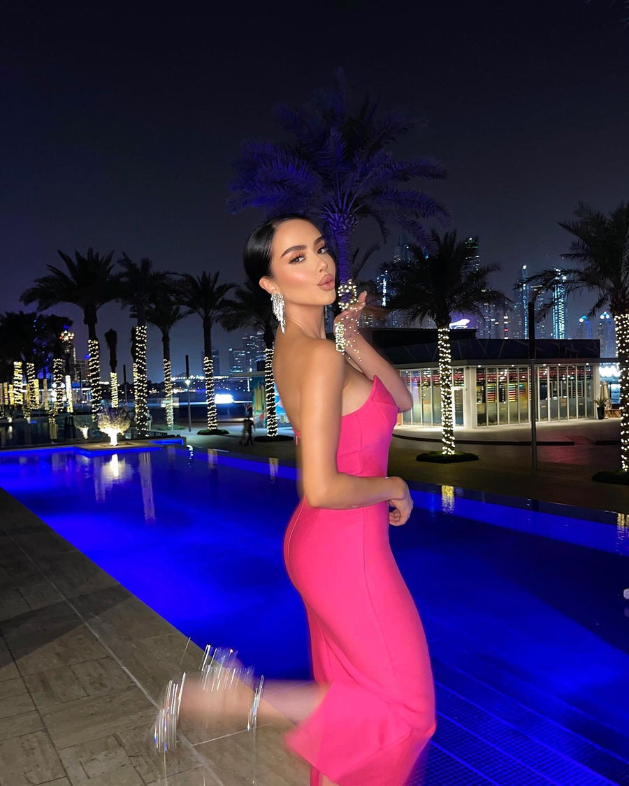 Pink Midi Dress with Open Shoulders - - DYAVOR®