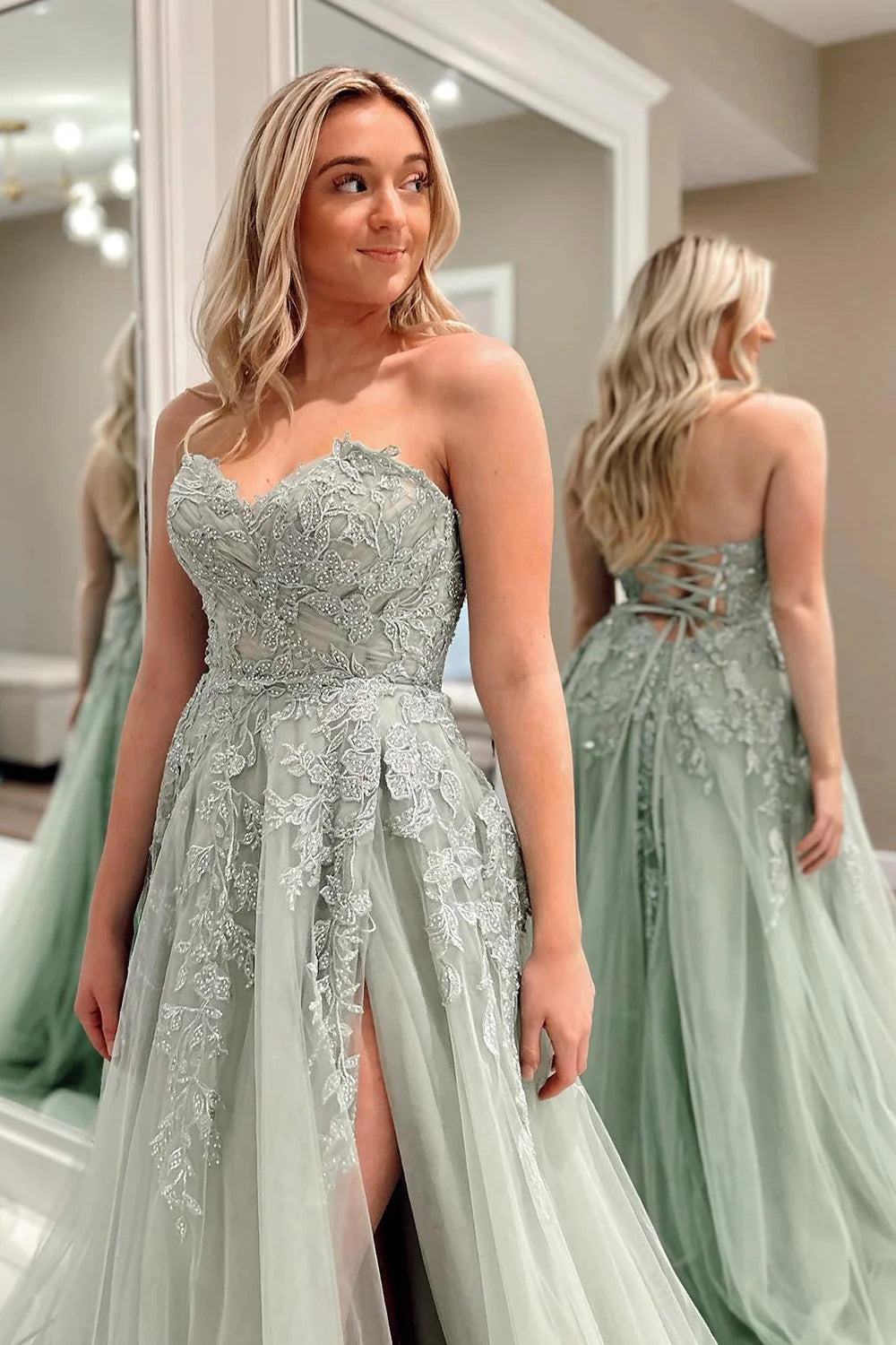 Beulah | A-Line Sweetheart Sage Green Tulle Lace Long Prom Dresses - Prom Dress - DYAVOR®