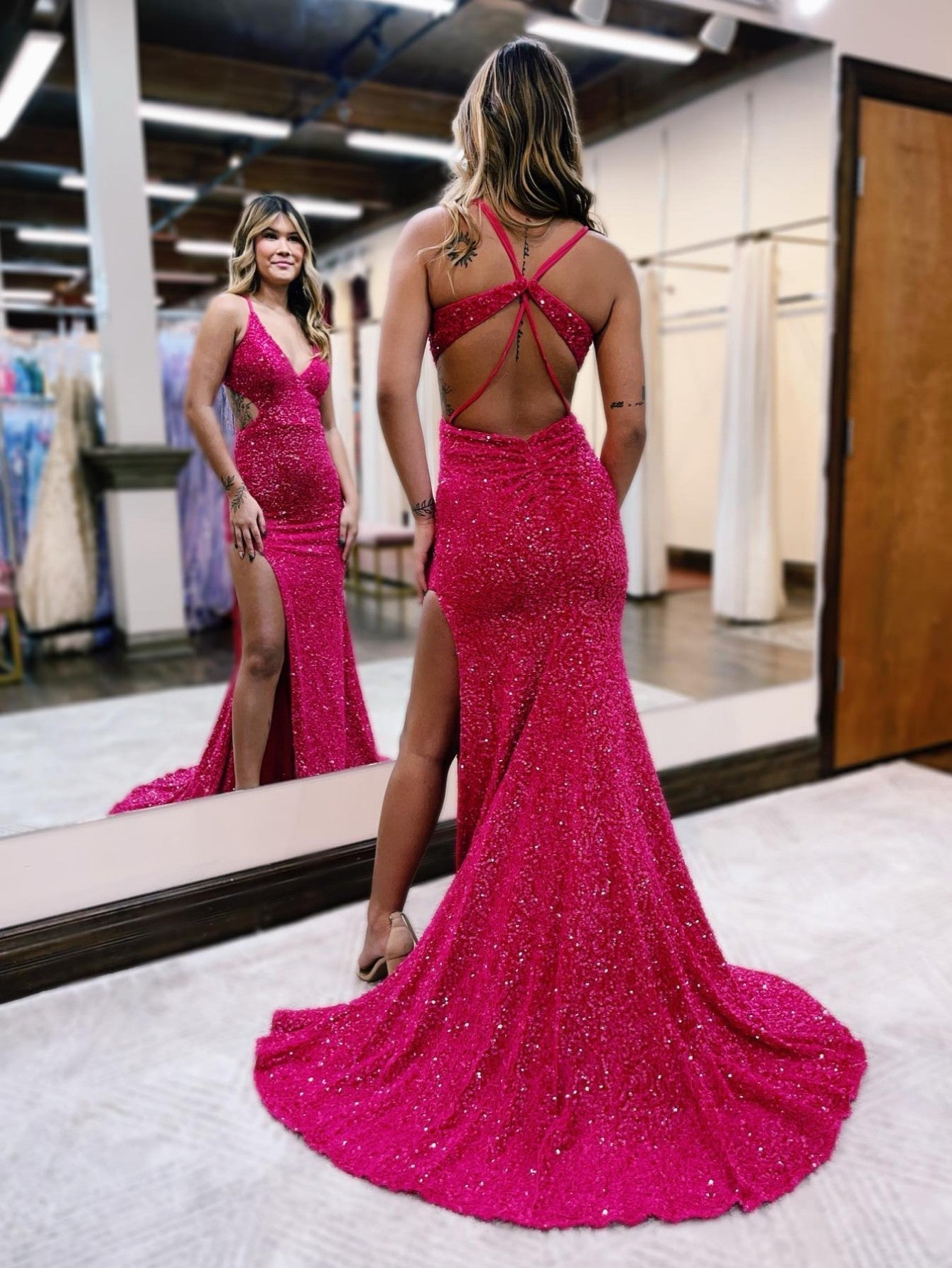 Glitter Red Mermaid V Neck Cut Out Prom Dress with Slit - Prom Dress - DYAVOR®
