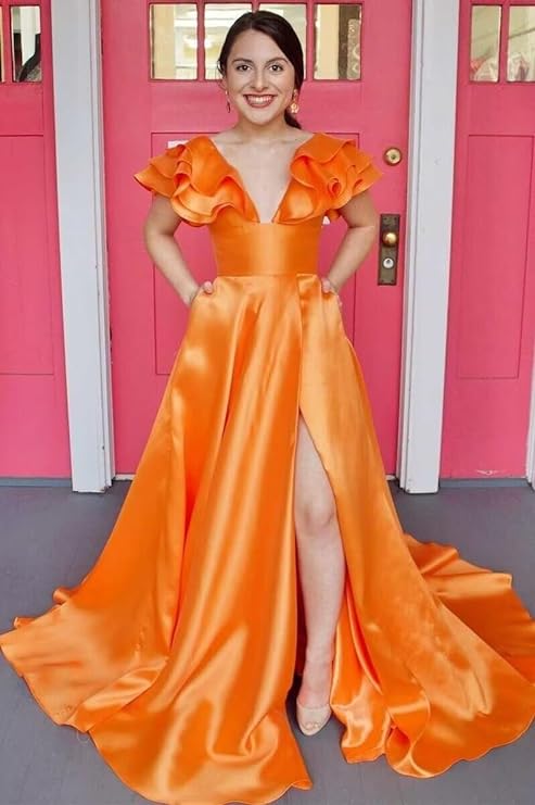 Betsy | Hot Pink V-Neck Ruffle A-Line Long Prom Dress - Prom Dress - DYAVOR®