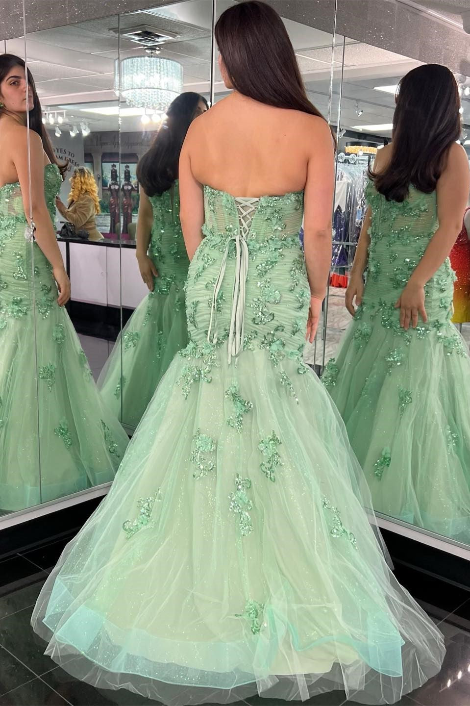 Indigo | Sage Green Appliques Strapless Trumpet Long Formal Dress - Prom Dress - DYAVOR®
