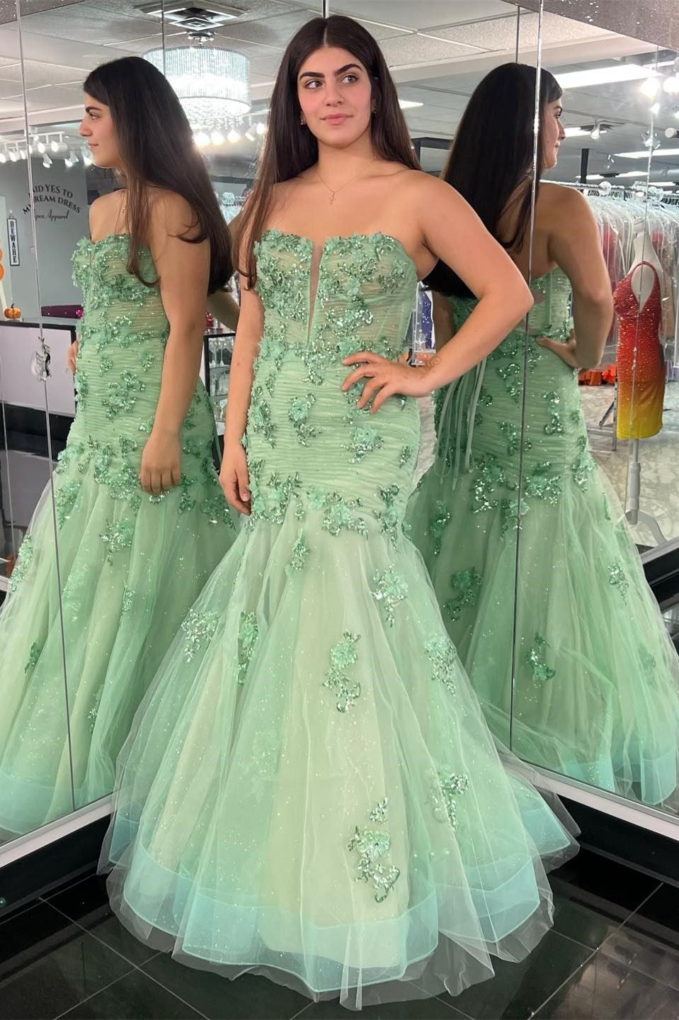 Indigo | Sage Green Appliques Strapless Trumpet Long Formal Dress - Prom Dress - DYAVOR®