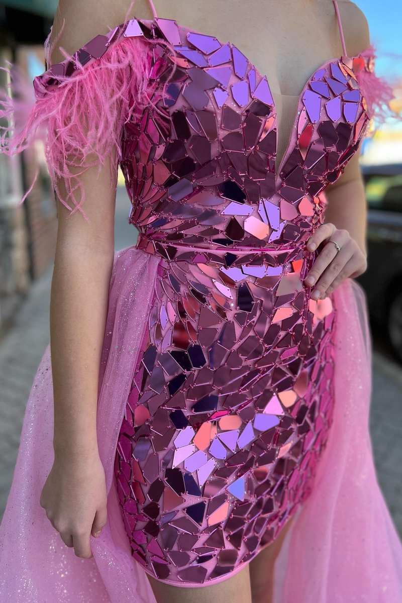 Meroy | Pink Cut Glass Mirror Cold-Shoulder Short Party Dress with Attached Train - Prom Dress - DYAVOR®