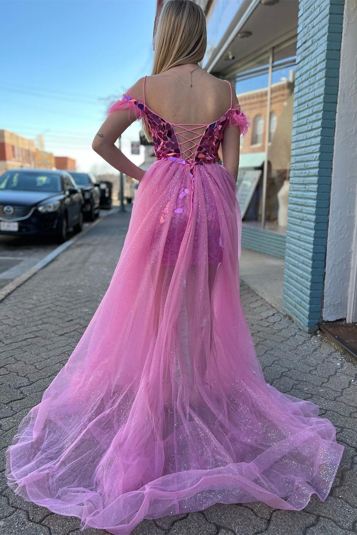 Meroy | Pink Cut Glass Mirror Cold-Shoulder Short Party Dress with Attached Train - Prom Dress - DYAVOR®