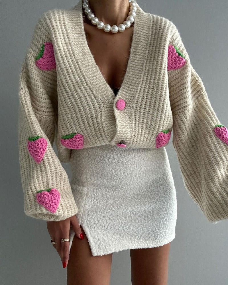 Autumn print strawberry knit deep V long sleeve coat - new-arrrival - DYAVOR®