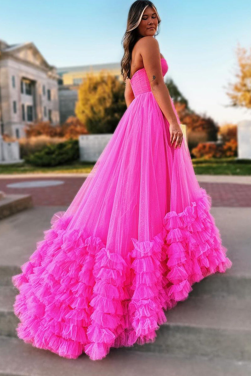 Rachael | Pink Sweetheart Tiered Tulle Long Prom Dresses - Prom Dresses - DYAVOR®