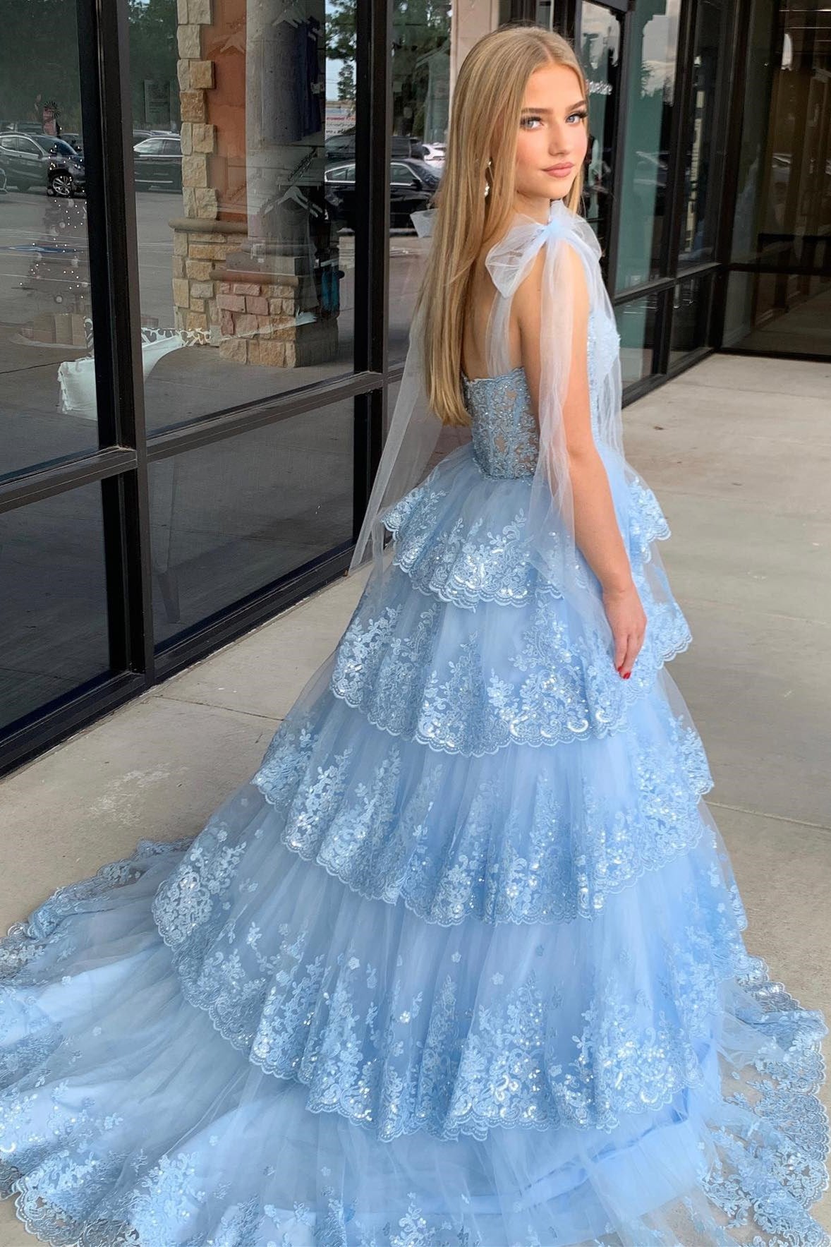 Thelma | Light Blue Tulle Appliques Tying Strap Ruffle Tiered Long Prom Dress - Prom Dress - DYAVOR®