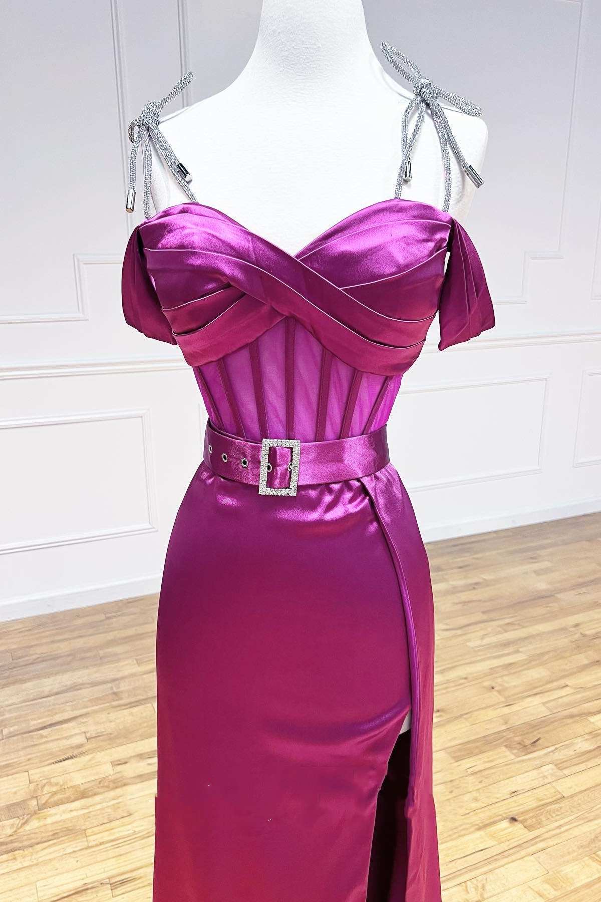 Magenta Sweetheart Belted A-Line Prom Dress with Slit - Prom Dress - DYAVOR®