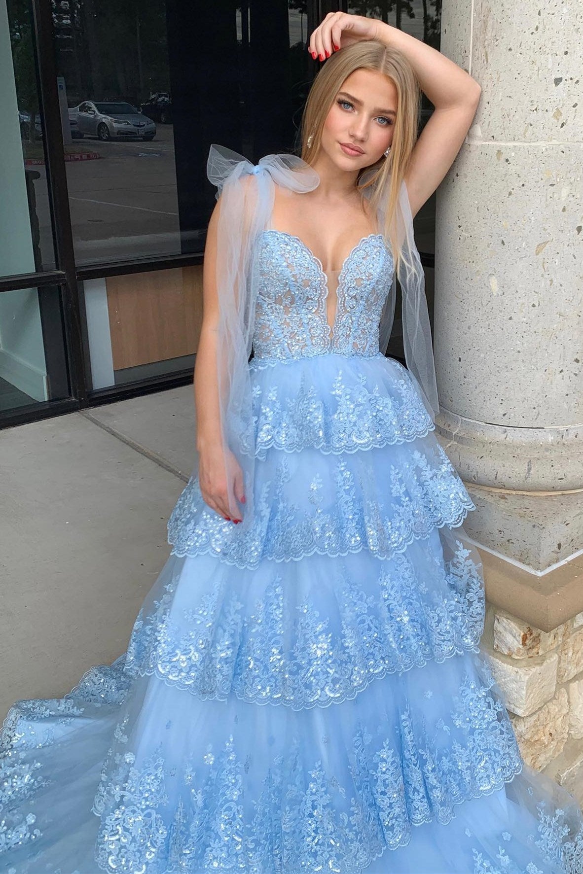 Thelma | Light Blue Tulle Appliques Tying Strap Ruffle Tiered Long Prom Dress - Prom Dress - DYAVOR®