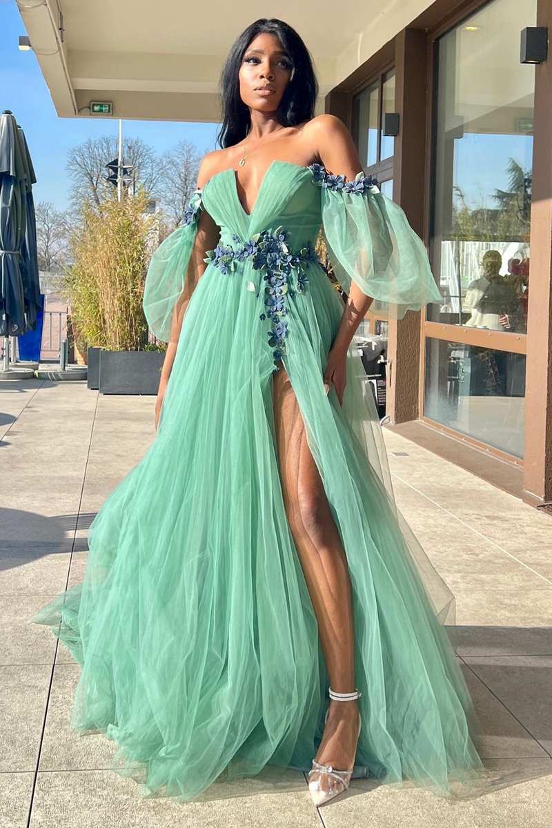 Whitley | Green Tulle 3D Floral Lace Off-the-Shoulder A-Line Long Prom Dress - Prom Dress - DYAVOR®
