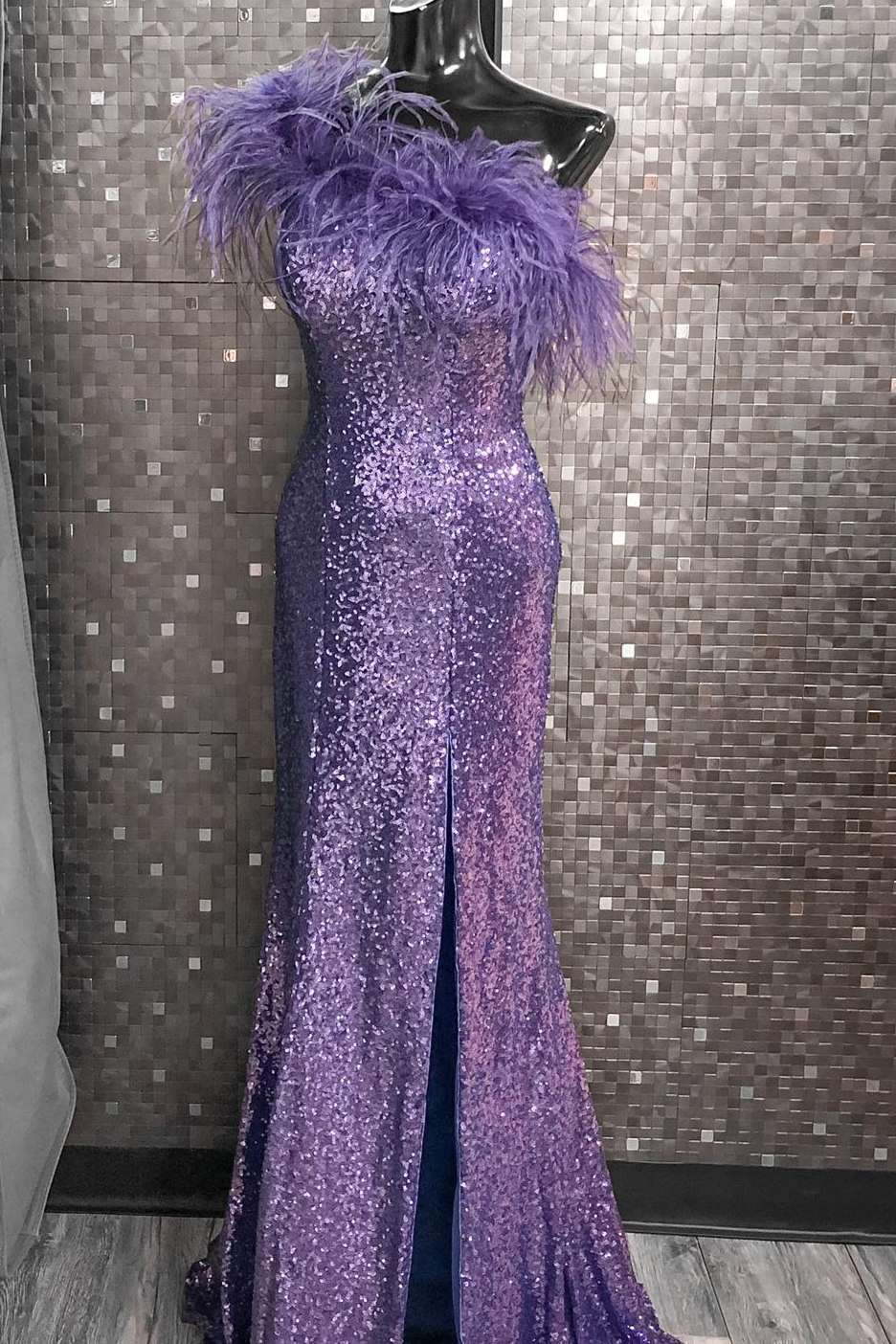 Pink Sequin Feather One-Shoulder Prom Dress with Slit - Prom Dress - DYAVOR®