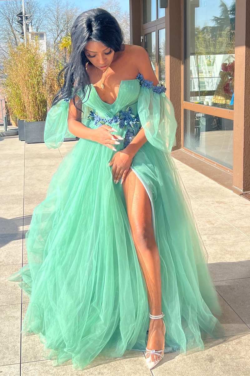 Whitley | Green Tulle 3D Floral Lace Off-the-Shoulder A-Line Long Prom Dress - Prom Dress - DYAVOR®