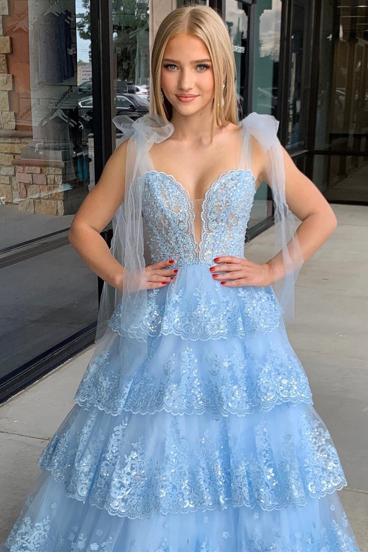 Thelma | Light Blue Tulle Appliques Tying Strap Ruffle Tiered Long Prom Dress - Prom Dress - DYAVOR®
