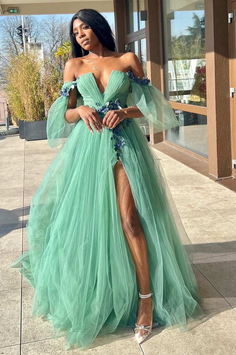 Whitley | Green Tulle 3D Floral Lace Off-the-Shoulder A-Line Long Prom Dress - Prom Dress - DYAVOR®
