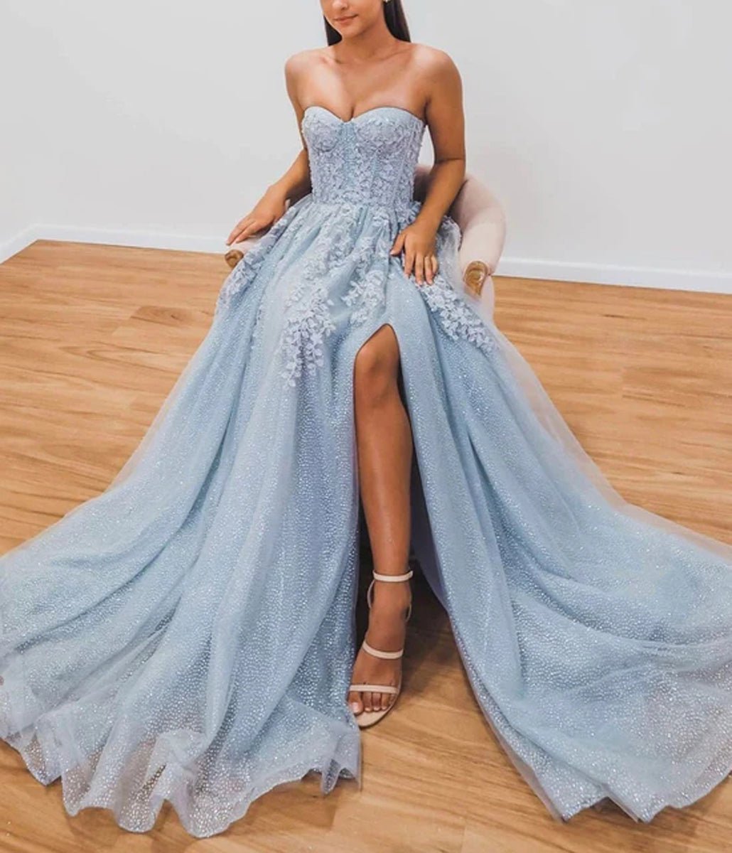 Jenna | A-Line Evening Gown Sparkle & Shine Dress Formal Court Train Sleeveless Sweetheart Tulle with Beading Slit Appliques - Prom Dress - DYAVOR®