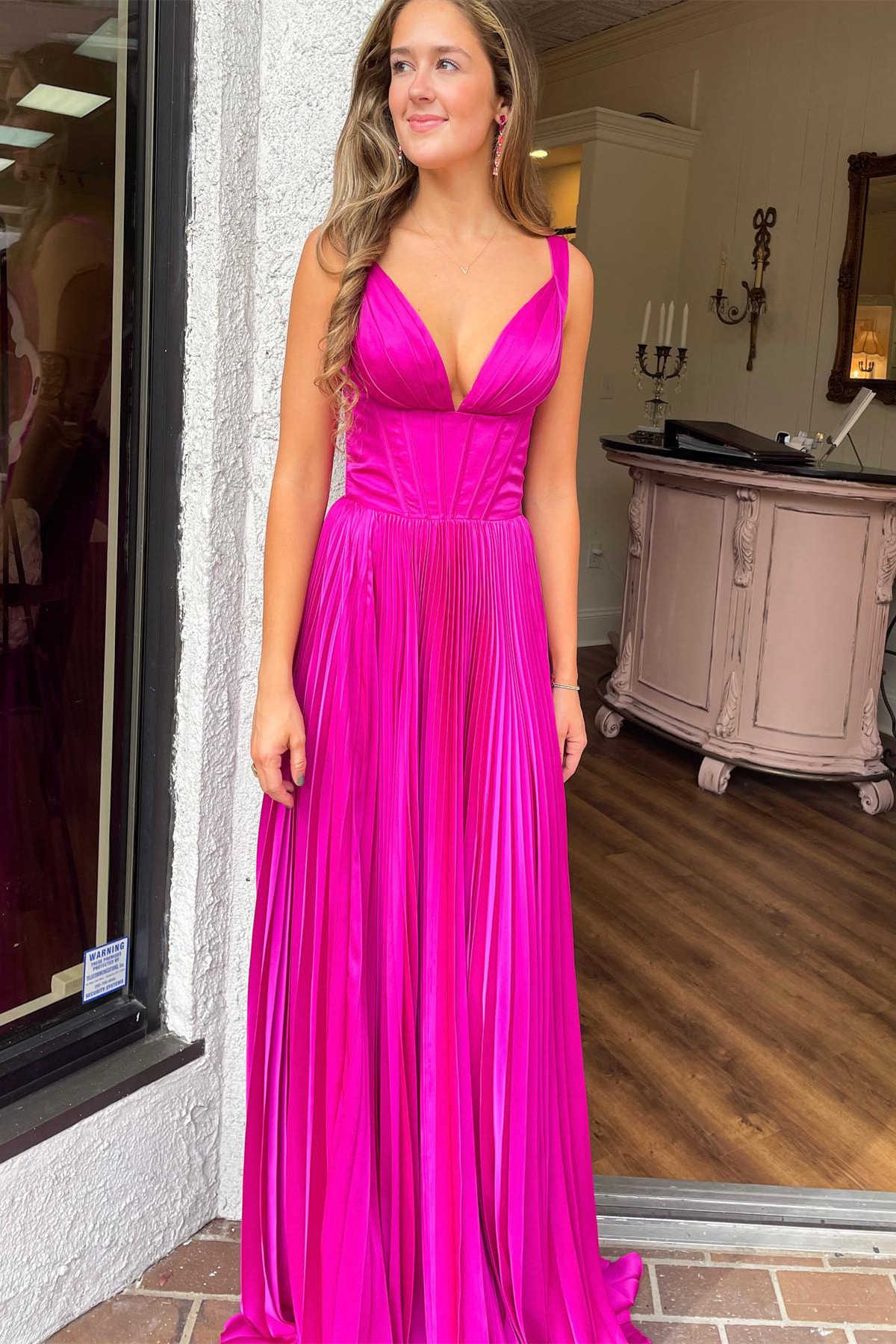 Luella | A-Line V-Neck Fuchsia Pleated Long Prom Dress - Prom Dress - DYAVOR®
