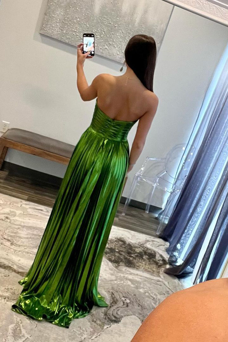 Oakley | Green Metallic Strapless Pleated A-Line Long Prom Dresses - Prom Dress - DYAVOR®