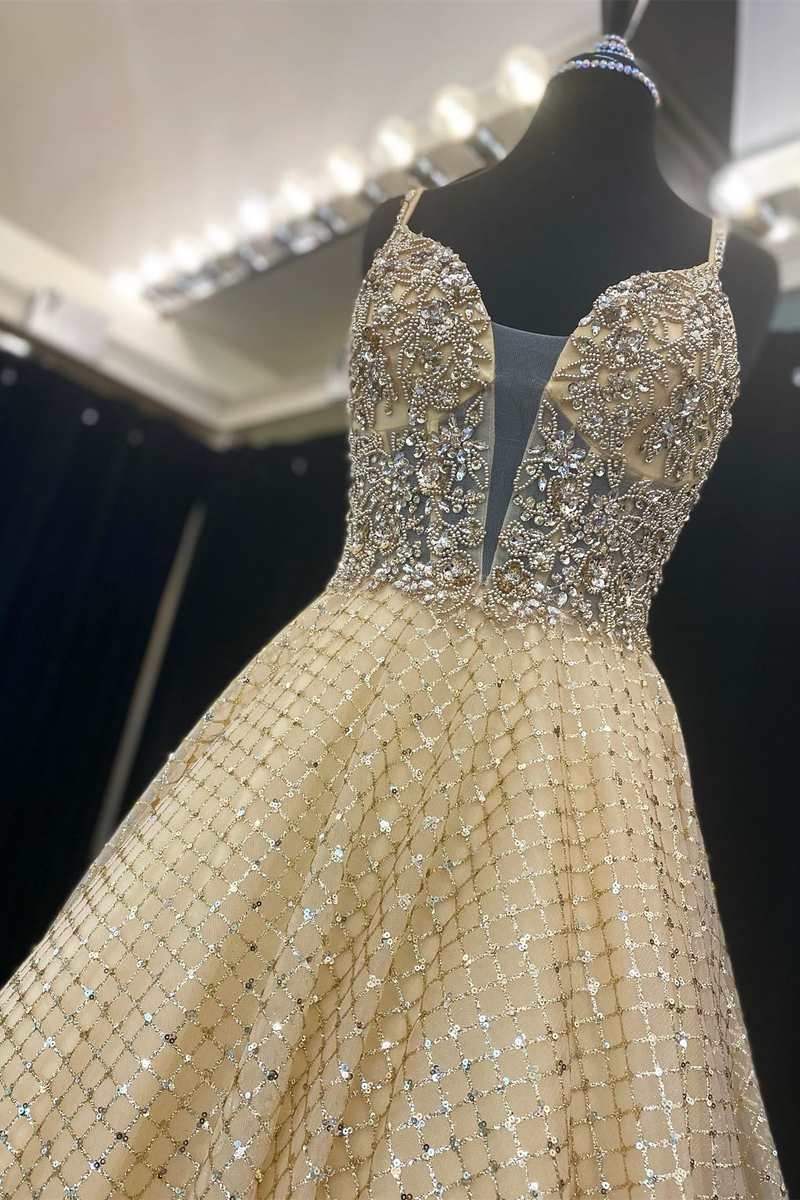 Fairy-Tale Yellow Beaded Plunge Neck A-Line Prom Gown - Prom Dress - DYAVOR®