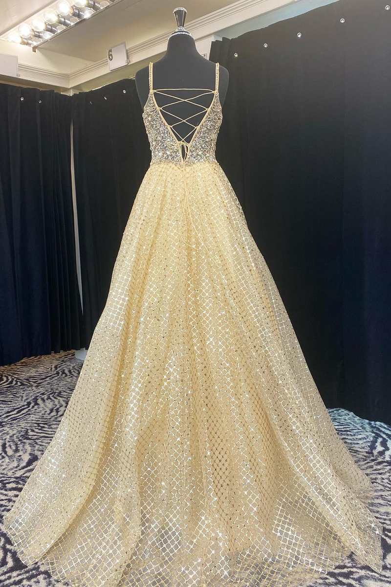 Fairy-Tale Yellow Beaded Plunge Neck A-Line Prom Gown - Prom Dress - DYAVOR®