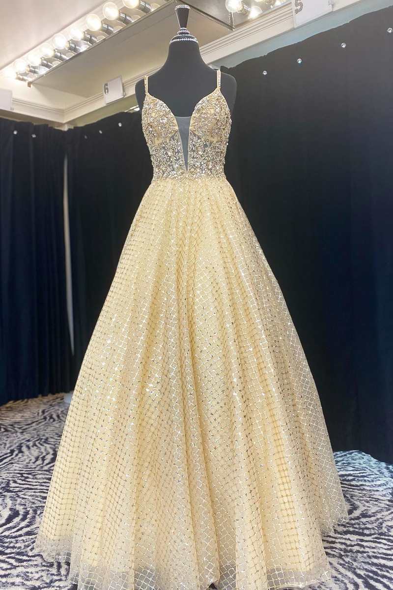Fairy-Tale Yellow Beaded Plunge Neck A-Line Prom Gown - Prom Dress - DYAVOR®