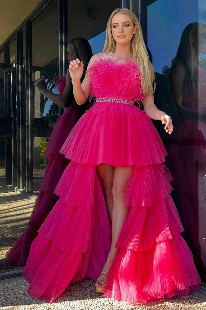 Marie| Fuchsia A-line High-Low Strapless Ruffled Tulle Prom Dress with Feathers - Prom Dress - DYAVOR®