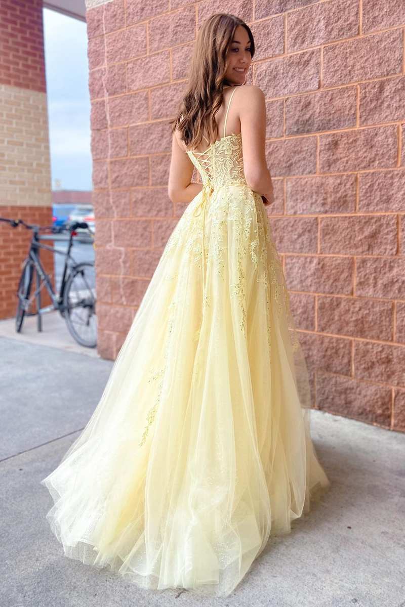 Laylah |A-Line Yellow Tulle Applique Lace-Up Prom Dress - Prom Dress - DYAVOR®