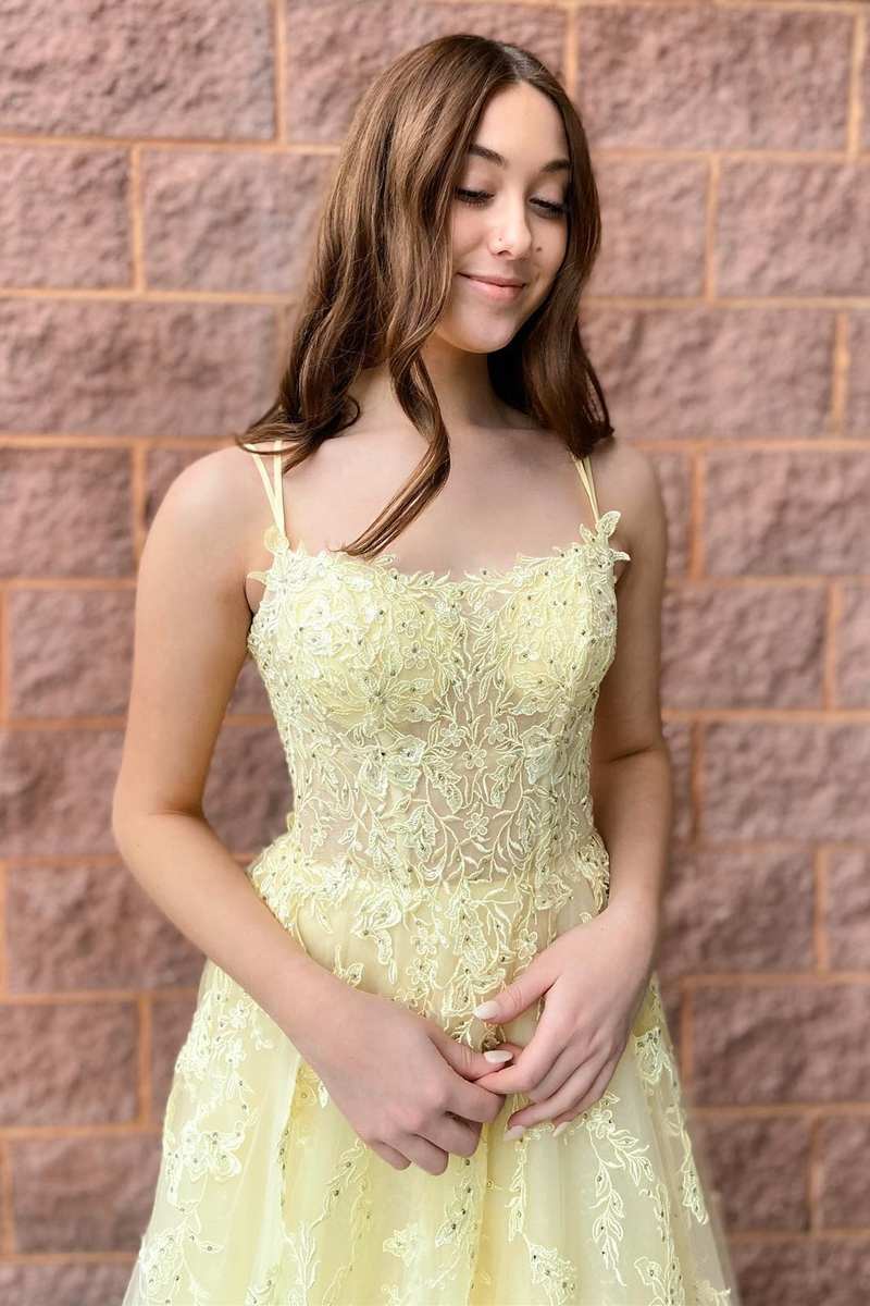 Laylah |A-Line Yellow Tulle Applique Lace-Up Prom Dress - Prom Dress - DYAVOR®